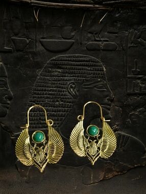 Scarab Wing Earrings with Green Cabochon